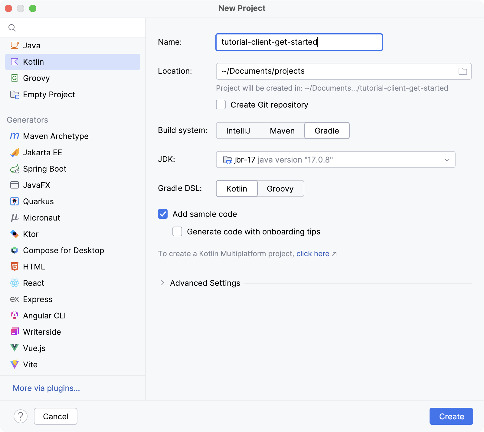 IntelliJ IDEAの新規Kotlinプロジェクトウィンドウ
