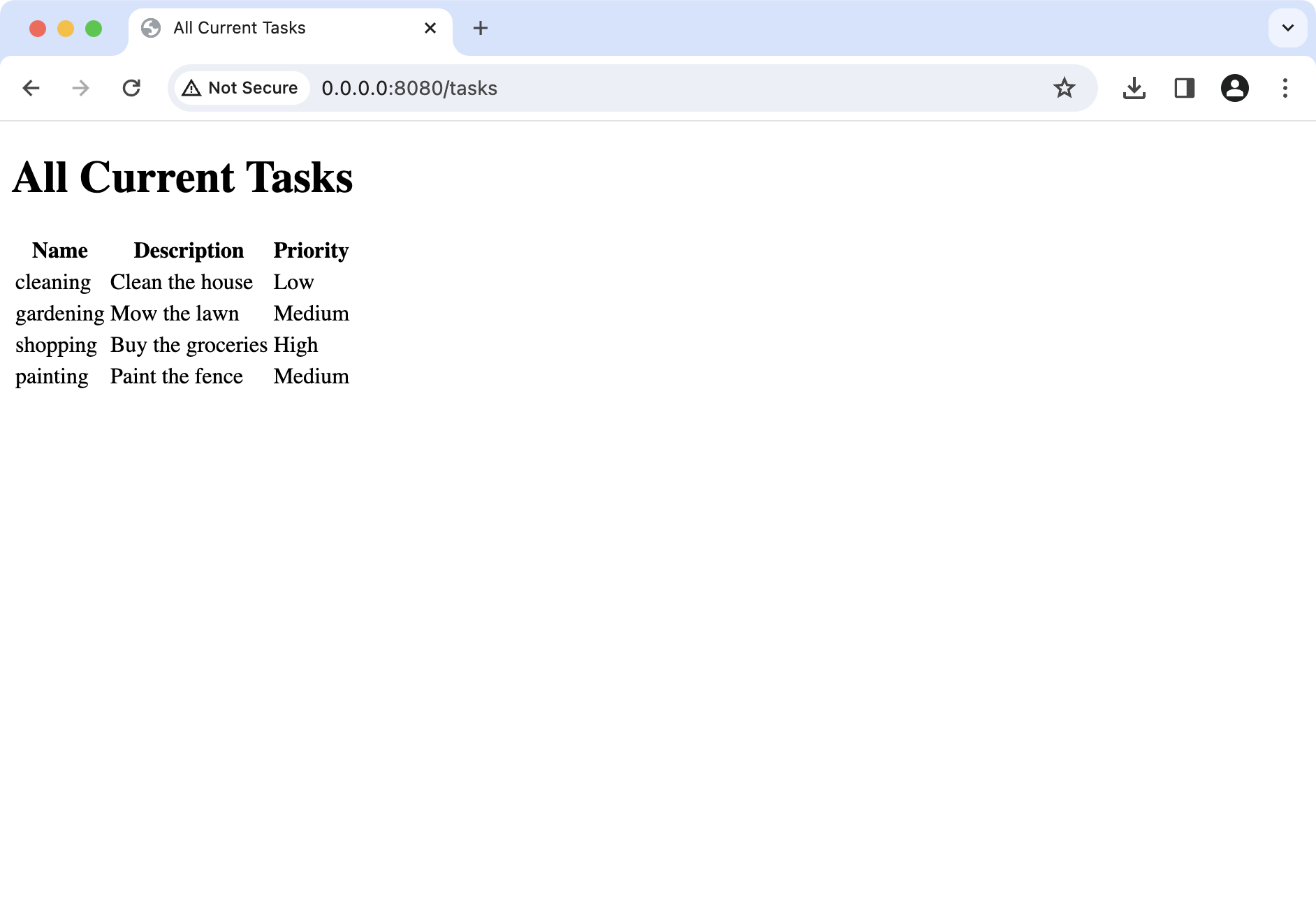 显示任务 list 的 Web 浏览器窗口