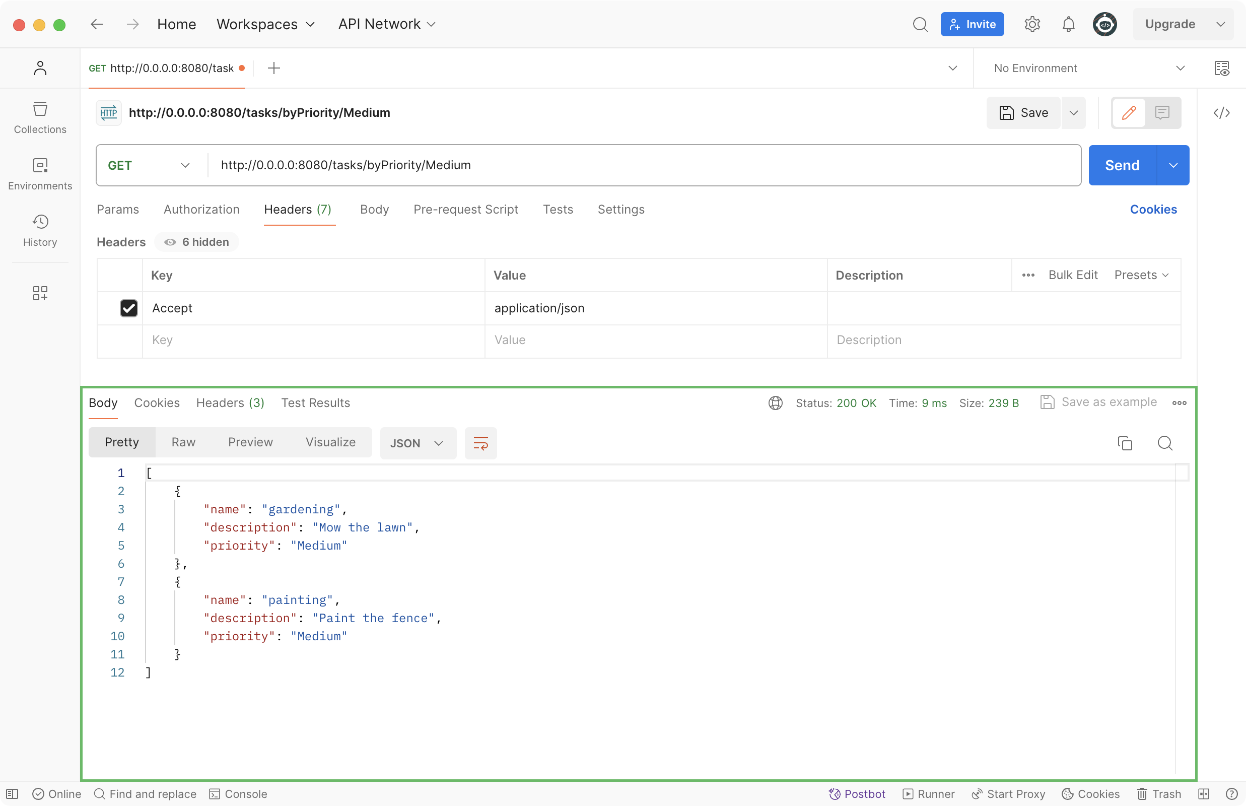 Postman 中显示具有 Medium 优先级任务的 JSON 格式的 GET 请求